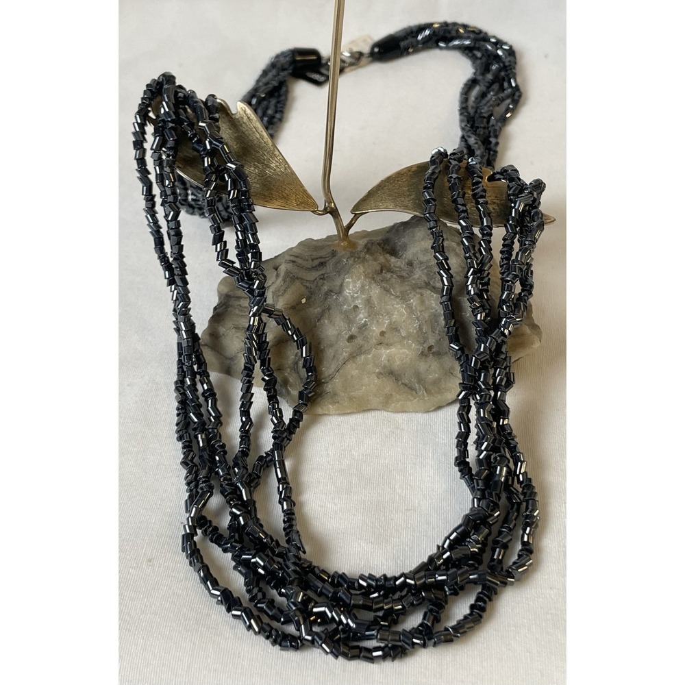 Vintage 80s Bohemian Glass Necklace 30" Multi Strand Gray Classic